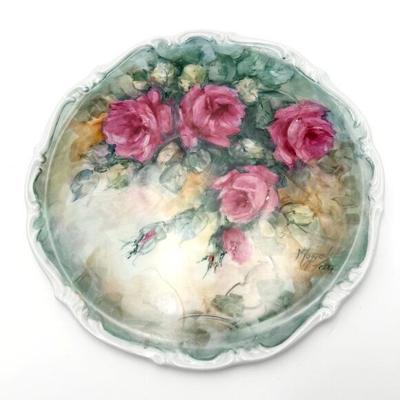 Hand-Painted XL Pink Roses Plate By Haggerly Decorative Wall Or Table Art *READ* - Picture 1 of 8
